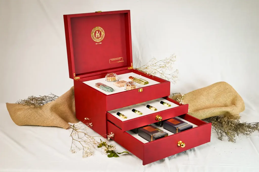 Khan Al Saboun gift boxes: the Red Luxurious Box with three drawers